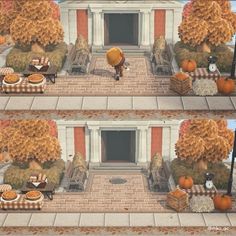 two pictures of the same room with pumpkins