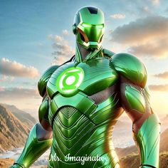 the green lantern character is standing in front of a mountain range and looking into the distance