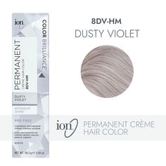 ion Color Brilliance Permanent Creme Hair Color utilizes pure ionic micro pigments for deeper, more intense color. Ion 8DV-HM Dusty Violet Permanent Creme Hair Color | Purple | 2.05 oz. | Sally Beauty Ion Hair Color Chart, Ion Hair Colors, Grey Blending, Ion Color Brilliance, Hair Color Chart, Bright Hair Colors, Hair Color Purple, Bright Hair, Sally Beauty