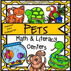 a poster with the words pets, math and library centers in front of an image of a