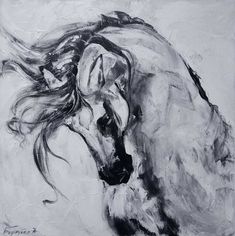 a black and white drawing of a horse's head with long hair blowing in the wind