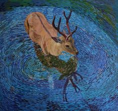 a painting of a deer in the water with its reflection on it's body