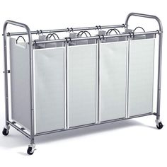 a metal cart with four bins on wheels