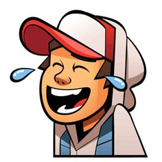 an image of a man laughing with water droplets coming out of his mouth and wearing a baseball cap