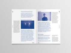 a brochure is shown with blue images on the front and back pages, as well as an image of a man