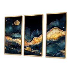 three abstract paintings in gold and blue with the moon shining above them on a white wall