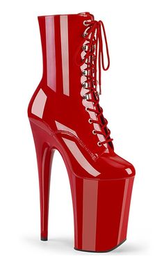 INFINITY-1020 Red Patent Ankle Boots-Pleaser-Tragic Beautiful Emo Boots, Vegan Heels, Pleaser Heels, Demonia Shoes, Extreme High Heels, Pink Platforms, Pleaser Shoes, Platform Ankle Boots, Lace Up Ankle Boots