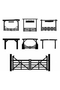 the silhouettes of different fences and gates are shown in black on a white background