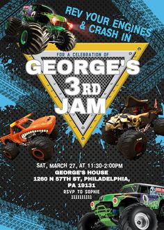 an event poster with four monster trucks and the words george's 3rd jam on it