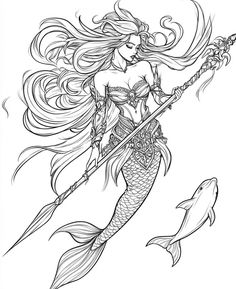 a drawing of a mermaid holding a spear and a dolphin in the water with her long hair