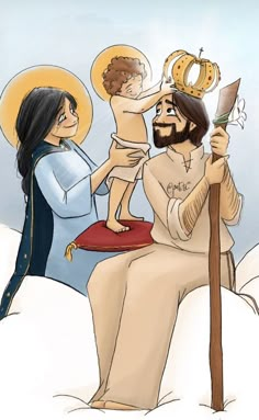 an image of jesus holding the cross with his family