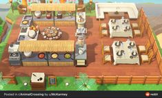 an aerial view of a kitchen and dining area in the animal crossing game, which is designed to look like a tropical island