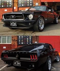 two pictures of the front and side of a black mustang