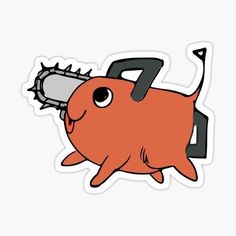 an orange fish with a chainsaw on its head sticker is shown in front of a