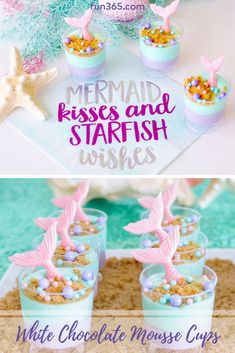 mermaid cupcakes with pink and blue frosting are on display in small cups