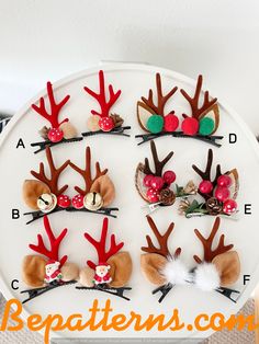 a white plate topped with reindeer hair clips