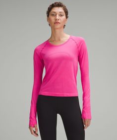 Lululemon Long Sleeve Breathable Top, Lululemon Moisture-wicking Running Tops, Lululemon Stretch Tops With Seamless Construction, Lululemon Moisture-wicking Sportswear Top, Lululemon Technical Workout Tops, Lululemon Sportswear Tops For Light Sports, Lululemon Activewear For Light Sports, Lululemon Athletic Fit Activewear For Light Sports, Lululemon Sportswear Tops For Running