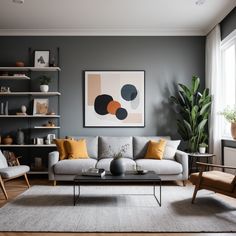 a living room filled with furniture and a painting on the wall