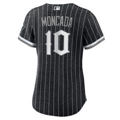 Show off your die-hard Chicago White Sox fandom with this Yoan Moncada City Connect Replica player jersey. It features a sleek pinstripe design and Gothic graphics that perfectly honor the history of your team, while sending a shout out to the Southside. This Nike gear is just what you need to take your Chicago White Sox spirit to the next level! Replica Jersey Imported Officially licensed Heat-sealed jock tag Material: 100% Polyester Full-button front Brand: Nike Rounded hem Machine wash with g Nike Jersey With Team Logo, Black Jersey With Letter Print For Fans, Black Letter Print Jersey For Fans, Black Sports Season Fan Merchandise Jersey, Black Jersey For Sports Season Fan Merchandise, Black Sporty Jersey For Fans, Sporty Black Jersey For Fans, Black Chicago, Nike Gear