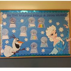 a bulletin board with snow globes and frozen princess characters on it's sides