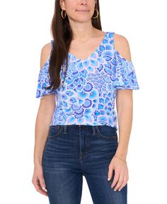 in stock Blue Flutter Sleeve Blouse For Vacation, Blue Cold Shoulder Tops For Spring, Blue Cold Shoulder Summer Top, Summer Blue Cold Shoulder Top, Blue Ruffle Sleeve Tops For Vacation, Blue Cold Shoulder Top For Summer, Chic Blue Tops With Flutter Sleeve, Blue Off-shoulder Floral Print Tops, Blue Off-shoulder Top With Floral Print