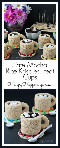 rice krispies treat cups with marshmallows and chocolate frosting on them