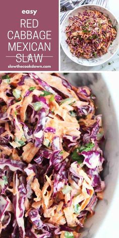 red cabbage mexican slaw in a white bowl with the title above it and an image of