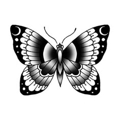 a black and white butterfly with wings spread out to the side, on a white background