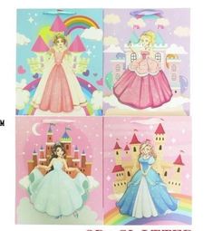 four princesses are shown in three different styles and colors, each with their own castle