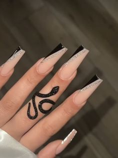 Long Metallic Nails, Black Acrylics With Design, Nail Ideas Acrylic Heart, Black Simple Nail Designs, Black Nails Designs Acrylic, Black Acrylic Nails With Design, Black Acrylic Nails Ideas, New Years Nails Coffin, Coffin Acrylic Nails Design