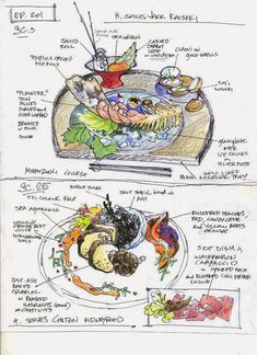 two drawings of food on top of a plate with different types of vegetables and sauces