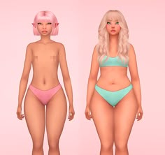 two women in swimsuits standing next to each other on a pink background,