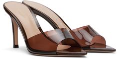 Handcrafted transparent TPU and patent leather slip-on heeled sandals in brown. · Open pointed toe · Strap at vamp · Logo stamp at padded leather footbed · Covered stiletto heel with rubber injection · Leather sole · Heel: 3.25 Supplier color: Brown Elegant Slip-on Patent Leather Sandals, Luxury Pointed Toe Sandals For Office, Luxury Heels With Translucent Outsole For Summer, Chic Formal Sandals With Translucent Outsole, Modern Brown Heels With Contrasting Heel Counter, Designer Patent Leather Mules For Summer, Leather High Heel Sandals With Translucent Outsole, Chic High Heel Sandals With Translucent Outsole, Modern Formal Sandals With Translucent Outsole