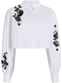 white/black stretch-cotton sequin embellishment classic collar concealed front button fastening long sleeves buttoned cuffs straight hem cropped Sequin Flower, Floral Embellishment, Cinq A Sept, Denim Chic, Flower White, Cropped Shirt, Crop Top Blouse, Fashion Today, Crop Shirt