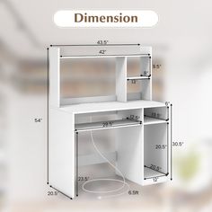 the measurements for a white desk with drawers and shelves are shown in front of a wall