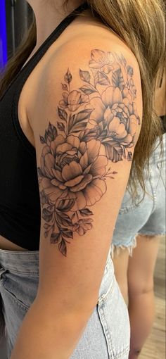 Peony shoulder tattoo, peony tattoo Half Sleeve Tattoo Upper Arm, Shoulder Piece Tattoo, Butterfly With Flowers Tattoo, Shoulder Sleeve Tattoos, Butterfly Tattoo On Shoulder, Floral Tattoo Shoulder, Tattoo Shoulder, Tattoos For Women Flowers, Shoulder Arm Tattoos