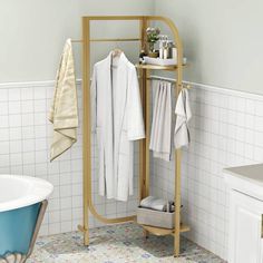 a bath room with a tub and a shelf