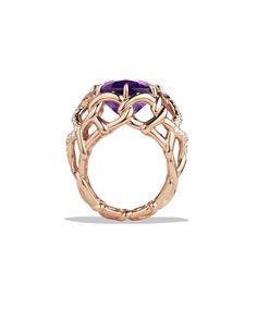 Venetian Quatrefoil Ring with Amethyst and Diamonds in Rose Gold Formal Rose Gold Amethyst Ring With Gemstone Accents, Luxury Amethyst Ring With Prong Setting, Luxury Rose Gold Amethyst Ring, Luxury Rose Gold Amethyst Ring With Center Stone, Luxury Purple Diamond Ring With Accent Stones, Elegant Rose Gold Amethyst Ring, Luxury Diamond Ring With Amethyst Accent Stones, Luxury Amethyst Diamond Ring With Accent Stones, Luxury Amethyst Diamond Ring With Center Stone