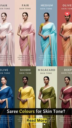 Find your perfect saree color match! Discover the best saree colors for your skin tone. From fair to dusky, we've got you covered. Look and feel your best with our color-matching guide. #sareeccolors #sareeskintone #sareefashion #indiansareewear #sareestyle #sareebeauty #sareetips #sareeoutfitinspiration Dress According To Skin Tone, Unique Saree Colours, Dark Skin Colour Clothes, Sarees For Dusky Skin Tone, Dress Color For Brown Skin Tone, Dark Skin Tone Dress Color, Saree Colour Combination Ideas, Dusky Skin Outfits Indian, Farewell Sarees For Brown Skin Tone