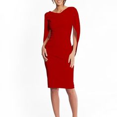 Betsy & Adam Cape Sleeve Crepe Sheath Dress - New W/O Tags Size 14 - Never Worn, Purchased For A Red Dress Gala - A Cocktail Dress Made Of Stretchy, Asymmetrically Draped Crepe Features Cape Sleeves That Encourage You To Embellish Every Story With A Dramatic Flourish. Red Dress Gala, Dresses For Women Over 50, Best Cocktail Dresses, Cocktail Dresses For Women, Fitted Sheath Dress, 50th Party, Metallic Skirt, Cape Sleeves, Women Over 50