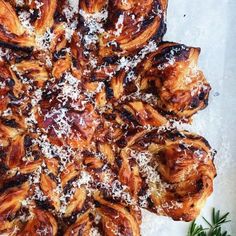 an overhead view of a pastry with powdered sugar on top