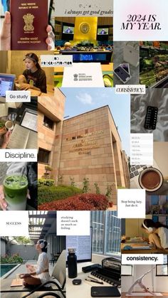 a collage of photos with people and their laptops in front of a building