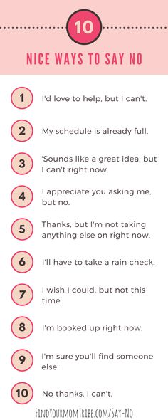 a pink and white poster with the words 10 nice ways to say no