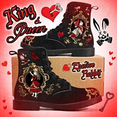 ABOUT THE DESIGN: Alice King and Queen of Hearts Wonderland Boots King & Queen Themed Wonderland Winter boots featuring some your favourite characters! Main Background colour is Black and Red Gold with Flowers and Baroque elements, Alice in Wonderland characters. 100% vegan friendly faux leather material High-quality rubber outsole with EVA foamed insole Fully waterproof perfect for outdoors Low back heel about an inch height INSTRUCTIONS FOR CHECKOUT: 1.Pick your size (Unless stated all shoes a Comic Book Shoes, King And Queen Of Hearts, Baroque Elements, Winter King, Queen Of Hearts Card, Wonderland Characters, Leather Wedding Shoes, Alice In Wonderland Characters, Fab Shoes