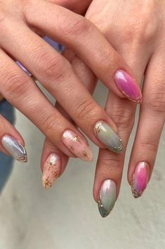 This thoughtfully chosen fairy nail art will make you experience your own little fairytale! Tiny Nails Ideas, Fairytale Nail Art, Whimsical Nail Designs, Ethereal Nail Design, Iridescent Butterfly Nails, Ethereal Nail Art, Pink And Golden Nails, Aura Nails With Stars, Cute Funky Nails Almond