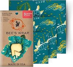 three bags of bees wrap made in usa, including one with a piece of bread on it