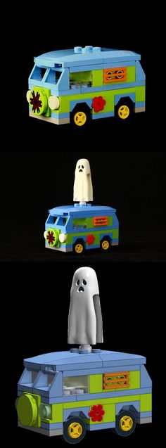 three lego vehicles with ghost faces on the top and bottom, one in blue and green