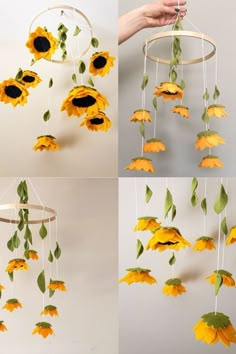 four pictures of sunflowers hanging from a wire