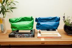 two bags sitting on top of a wooden table next to plants and books in vases