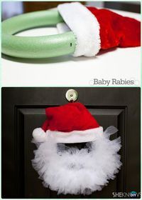 two pictures of santa hats on the front and side of a door with green handles